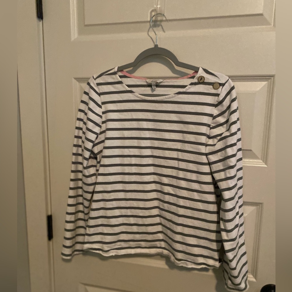 Joules button shoulder shirt. Pretty olive green stripes size women’s 12